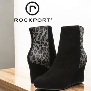 Rockport Women's Black Gray Wedge Heel Ankle Booties Side Zipper Cheetah Print
